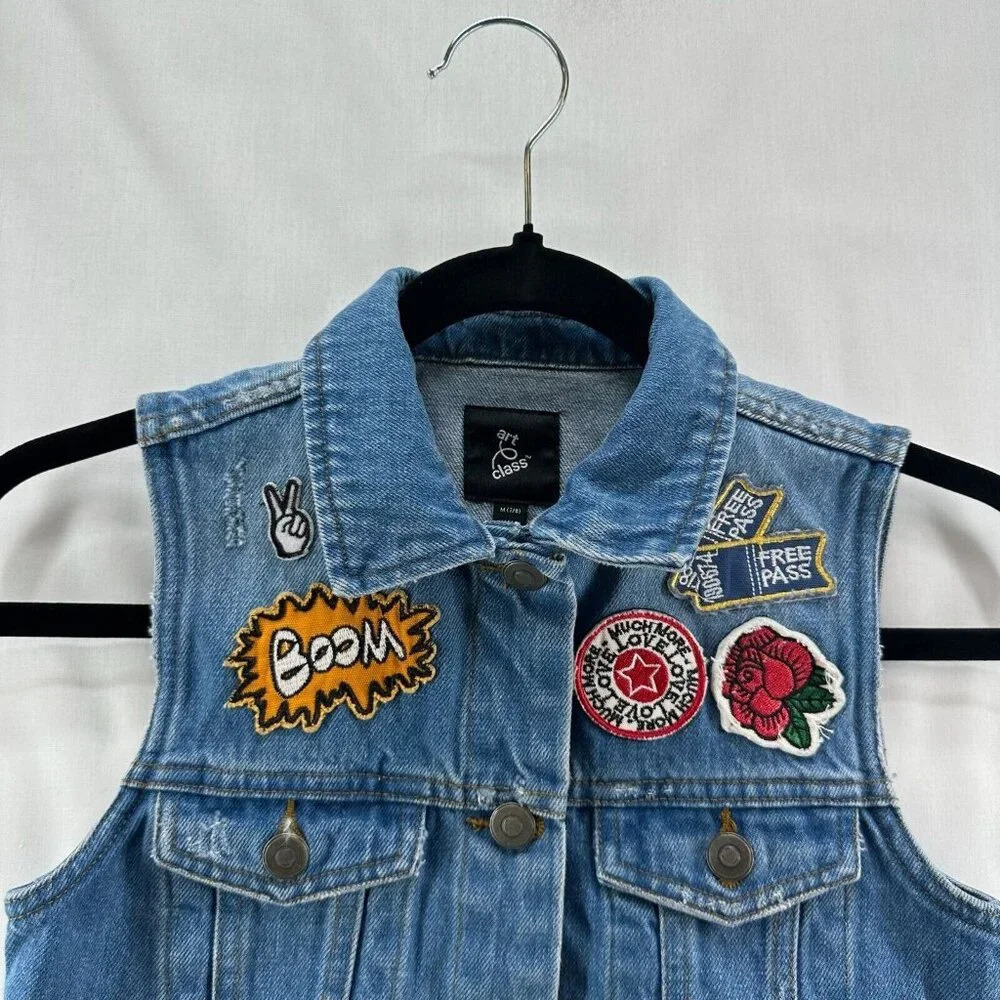 Art Class Vest Junior Size M 7-8 Denim Jean Patchwork Button Front Cotton Blue - Picture 3 of 8
